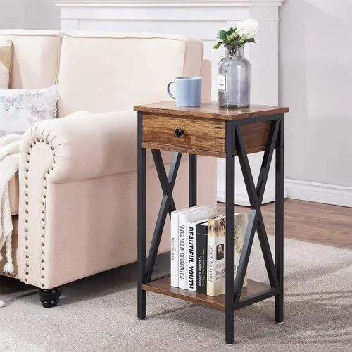 Miniatura 2 de VECELO Mesitas de noche modernas y versátiles con diseño en X, mesa auxiliar lateral con cesta de almacenamiento, mesita de noche con estante