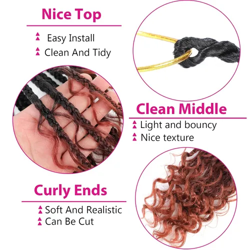 Miniatura 4 de Wodun Extensiones de cabello de ganchillo Goddess de 14 pulgadas, trenzas de caja con extremos rizados 3X estilo bohemio, extensiones de cabello