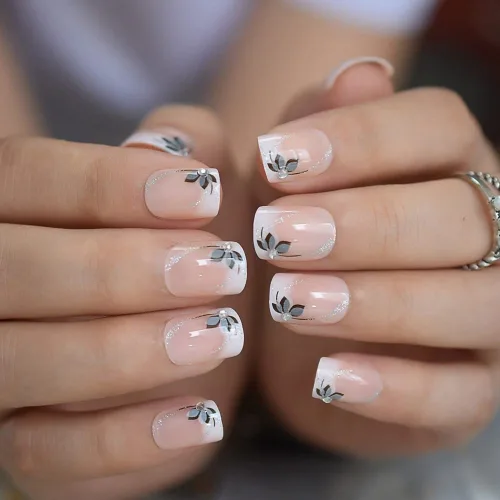 Miniatura 5 de Coolnail Uñas acrílicas clásicas a presión con flores cortas, uñas cuadradas de diseño natural, uñas postizas con purpurina para uso diario