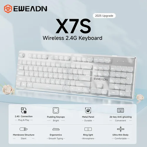 Miniatura 2 de SEUNKWANG EWEADN X7S - Teclado inalámbrico con retroiluminación blanca, panel de metal, teclado de computadora recargable de 2.4 G, luz silenciosa