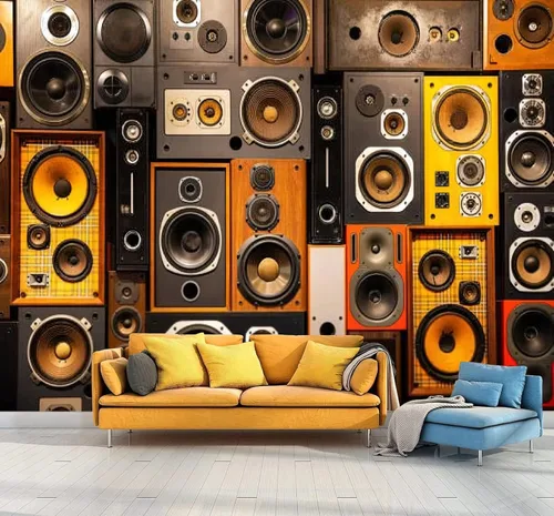 Papel pintado 3D con altavoces retro, para entusiastas de la música, papel tapiz fotográfico para entusiastas de la música, espacio para inquilinos,