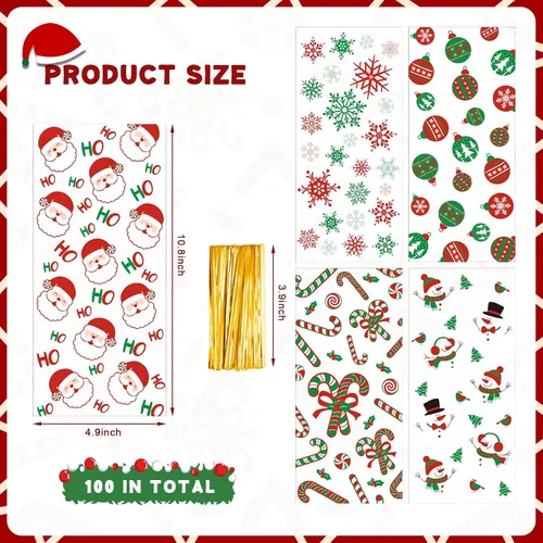 Miniatura 2 de Pasimy 100 Piezas Bolsas de Celofán Navideñas para Dulces con Lazos Bolsa de Regalo de Plástico Transparente a Granel Bolsas de Celofán Navideñas