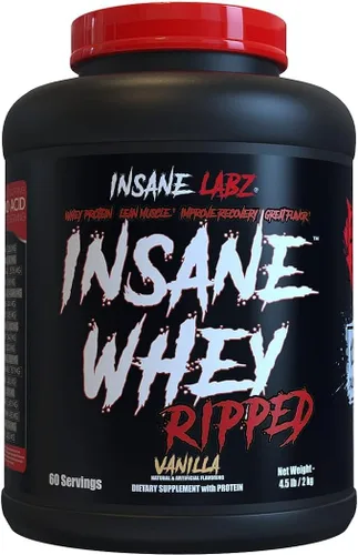 Insane Labz Insane Whey Ripped, proteína de construcción muscular magra con L-carnitina y aceite CLA en polvo, 5 libras 60 porciones, vainilla