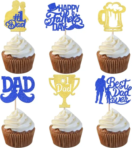 Miniatura 21 de Paquete de 24 adornos para cupcakes con purpurina para el Día del Padre, con purpurina para el mejor papá del mundo, sombrero de bigote #1