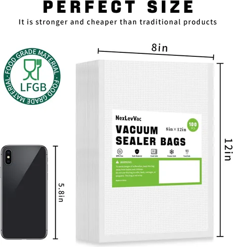 Miniatura 2 de 100 Bolsas selladoras al vacío - 8 x 12 pulgadas, grado comercial resistente para Food Saver, Seal a Meal, Sous Vide, preparación de comidas