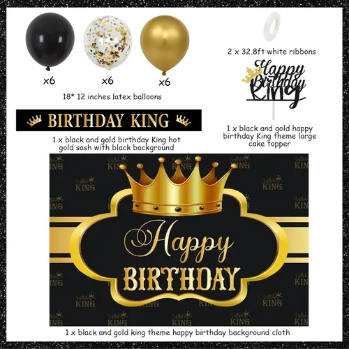 Miniatura 6 de Decoraciones de cumpleaños King para hombres, pancarta de fondo de fiesta de cumpleaños para niños, globos negros y dorados, decoraciones de feliz