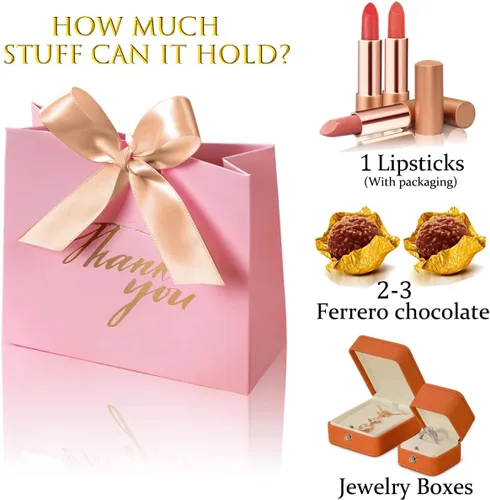 Miniatura 4 de Paquete de 24 cajas de regalo de agradecimiento, pequeñas cajas de regalo con lazo dorado, bolsas de papel de patrón rosa a granel para bodas, baby