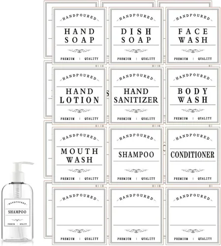 Dispensador de jabón blanco, etiqueta reutilizable para botellas de acondicionador de vidrio y plástico, etiqueta dispensadora de enjuague bucal (24