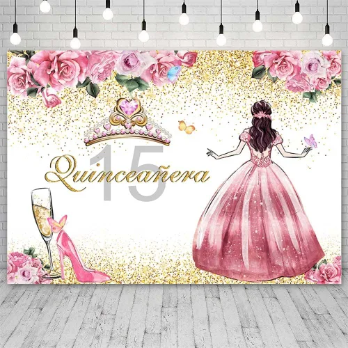 Miniatura 2 de SENDY Telón de fondo de quinceañera de 8 x 6 pies para niña, feliz cumpleaños 15, flores rosadas, tacones altos, corona, princesa, decoración