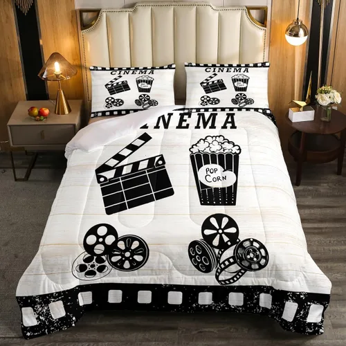 Miniatura 13 de Juego de edredón de cine tamaño individual, ropa de cama vintage de cine para niños, niñas y adultos, juego de edredón de palomitas de maíz