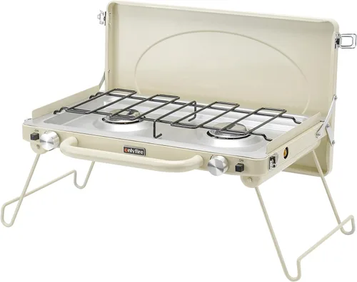 Miniatura 10 de Estufa de gas portátil para campamento de 2 quemadores, estufa de propano con patas plegables, pestillo y asa de alta resistencia para patio, Verde