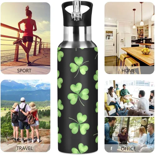 Miniatura 5 de Green Shamrocks Clovers Black Stainless Steel Vacuum Insulated Water Bottle 20 Oz, BPA-Free Sports Water Bottle with Straw Leakproof Water Bottles
