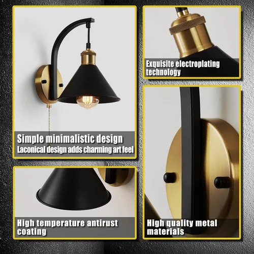 Miniatura 6 de Lightess Apliques de Pared Industriales con Interruptor de Cordón, Luz de Pared Montada Estilo Granja Negro, Accesorio de Iluminación de Pared