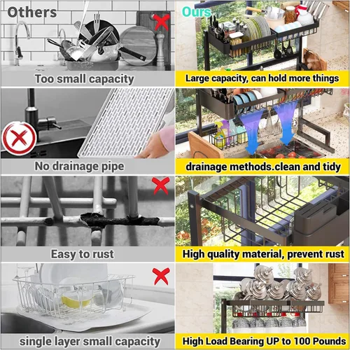 Miniatura 6 de ilvvan Escurridor de Platos Sobre el Fregadero (Altura/Longitud Expandible) Diseño de Enganche Gran Escurridor de Platos Organizador de Mostrador