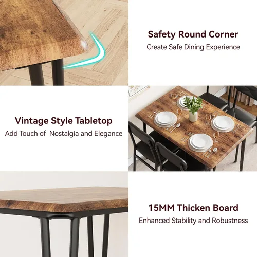 Miniatura 6 de Mesa de comedor de cocina y sillas tapizadas para 4, mesa rectangular de madera para 4 asientos, juego de comedor industrial de 5 piezas