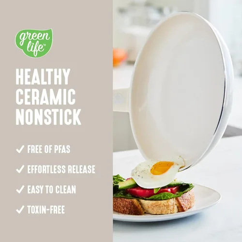 Miniatura 2 de GreenLife Soft Grip - Juego de utensilios de cocina de 16 piezas, cerámica antiadherente sin PFAS no tóxica, para freír, saltear, utensilios, tapas