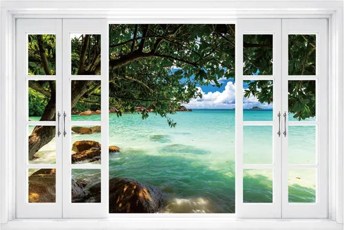 Miniatura 9 de FLFK Calcomanía de pared falsa para ventana, diseño de vista tropical del océano para despegar y pegar, 24 x 16 pulgadas