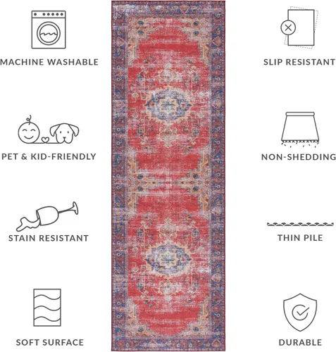 Miniatura 8 de SAFAVIEH Tucson Collection - Alfombra lavable de 2 pies 6 x 8 pies, color rojo y azul marino, antideslizante, ideal para zonas de alto tráfico