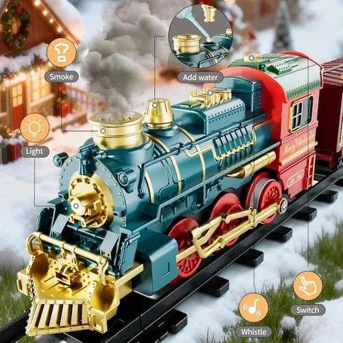 Miniatura 5 de Juego de tren para niños de 4 a 8 años, humo, juego de tren de Navidad con luces de humo y sonido, juguetes eléctricos clásicos para trenes de pista