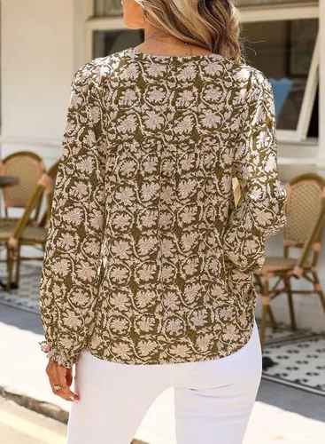 Miniatura 9 de SHEWIN Blusas de primavera para mujer, estilo casual, cuello en V, manga larga, blusas florales bohemias