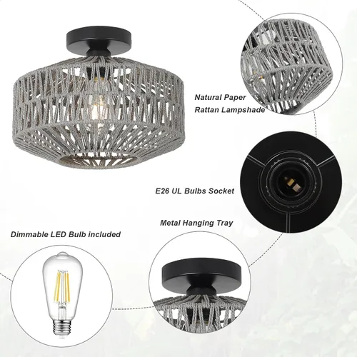 Miniatura 5 de Lámpara bohemia para techo, lámpara de techo de ratán con bombilla LED regulable, mini lámpara de araña tejida a mano para pasillo, dormitorio, Gris