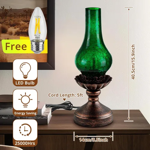 Miniatura 6 de Lámpara de mesa vintage con pantalla de cristal agrietado verde, control táctil y regulable de 3 vías, lámpara de noche rústica retro