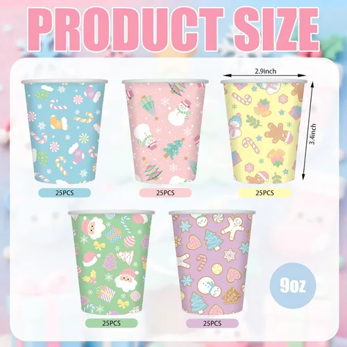 Miniatura 2 de Patelai Paquete de 150 vasos de papel de Navidad de 9 onzas, tazas de café desechables de arcoíris pastel con diseño de Papá Noel, muñeco de nieve