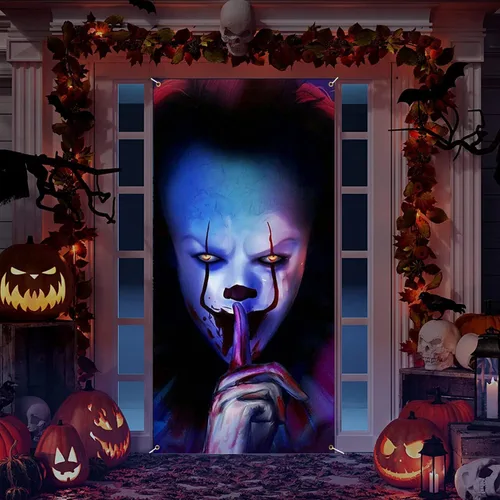 Miniatura 5 de Cartel de Halloween de payaso de Joker para decoración de puerta, telón de fondo de película de terror de truco o trato, asesino de personajes