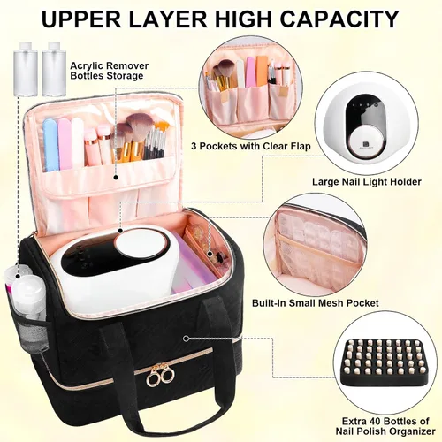 Miniatura 3 de Veirdro Bolsa Organizadora de Esmalte de Uñas con Capacidad para 80 Botellas (15ml/0.5fl.oz) y Lámpara de Uñas, Estuche de Almacenamiento de Kit