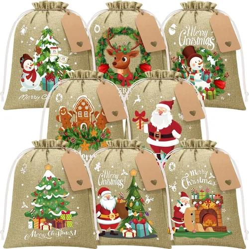 FLOE 24 piezas de bolsas de regalo de Navidad de arpillera con cordón, bolsas de lino de Navidad de 20x25 cm con etiquetas, bolsa de regalo de