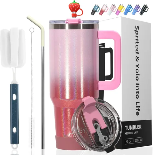 Miniatura 21 de Vaso de 20 oz con asa, vaso con tapa y pajita, vaso de doble pared con aislamiento de acero inoxidable para viajes (frío durante 34 horas), botella