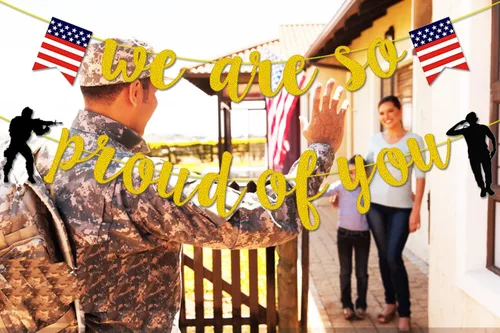 Miniatura 4 de Decoraciones militares para fiestas, pancarta dorada con purpurina con texto en inglés "We are So Proud of You", bandera estadounidense con la frase