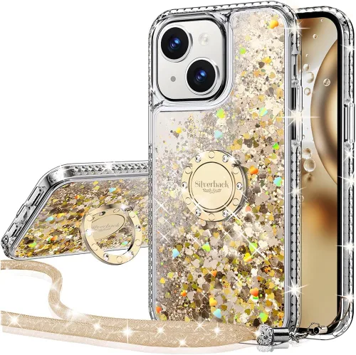 Silverback Funda para iPhone 15, funda con purpurina holográfica líquida en movimiento con soporte, para niñas y mujeres, funda protectora con
