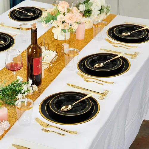 Miniatura 7 de JOLLY PARTY 100 piezas de tazones de plástico negro con borde dorado - 12 onzas, tazones desechables para sopa, tazones premium para postre