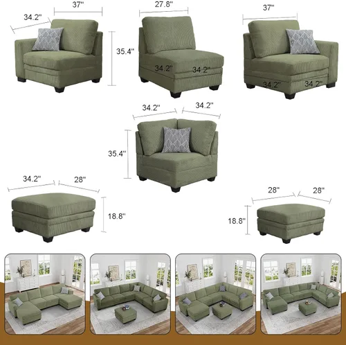 Miniatura 15 de Legend Vansen Sofá Seccional Modular de Gran Tamaño, Sofá en Forma de U de 7 Asientos con Otomana, Sofá de Pana con Asiento Profundo, Sofás Crema