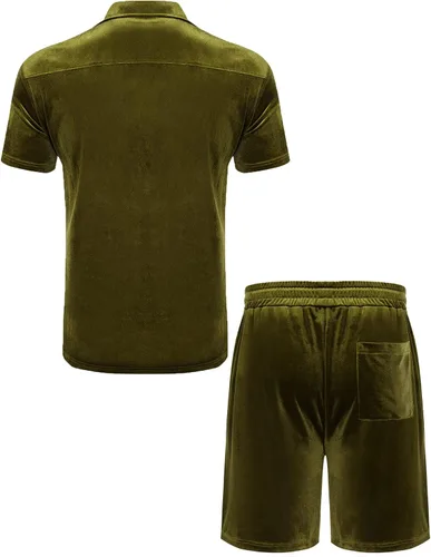 Miniatura 40 de LecGee Conjunto de pantalones cortos casuales de verano para hombre, camisa de terciopelo de manga corta con botones, pantalones cortos de cintura