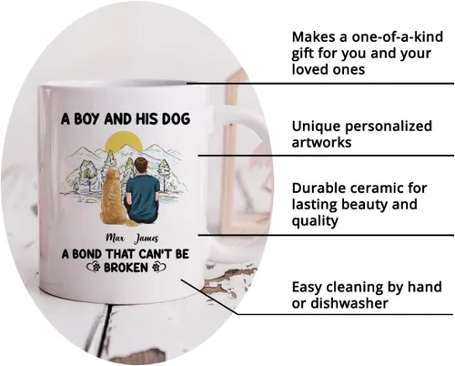 Miniatura 5 de Gossby Taza personalizada con texto en inglés «A Boy and His Dog», regalo personalizado para dueños de perros y hombres con diseño, nombre, razas