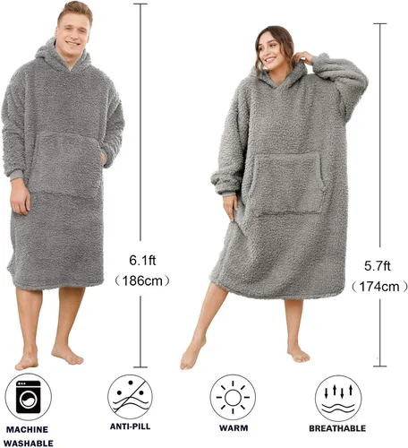 Miniatura 5 de Manta Sherpa con capucha de gran tamaño, sudadera con capucha y manga larga y bolsillo, color gris
