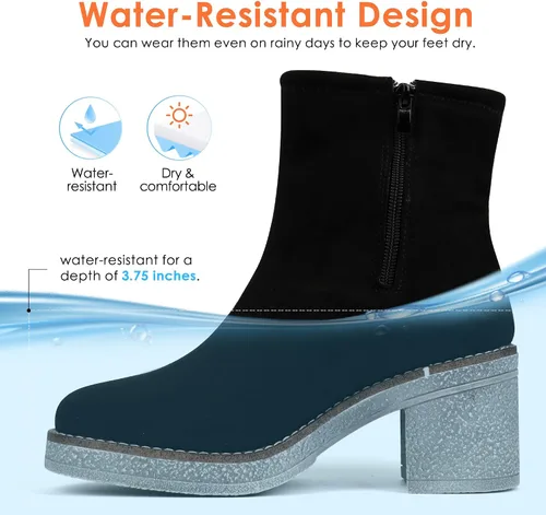 Miniatura 5 de JABASIC Botas de tobillo para mujer, tacón bajo, tacón grueso, botas de vestir con cremallera lateral