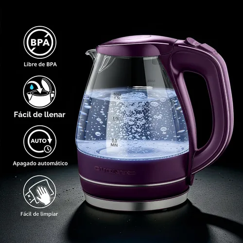 Miniatura 3 de OVENTE Hervidor de vidrio eléctrico portátil de OVENTE 1.5 litros con luz azul LED y base de acero inoxidable, calefacción rápida Hacedor de té