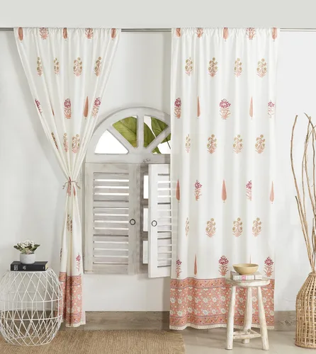 Miniatura 2 de Madhu International Cortinas bohemias – Juego de 2 paneles de algodón estampado floral para sala de estar, tapiz con bolsillo para barra, cortina