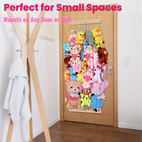 Miniatura 6 de Almacenamiento de animales de peluche, paquete de 2 organizadores de juguetes suaves de madera para habitación de los niños, lindo montaje en pared