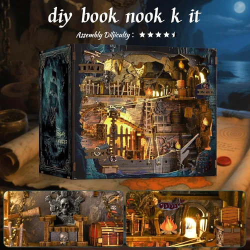 Miniatura 4 de Kit de rincón de lectura pirata - Kit de casa en miniatura DIY para adultos, adolescentes, decoración de estanterías de libro con luz LED