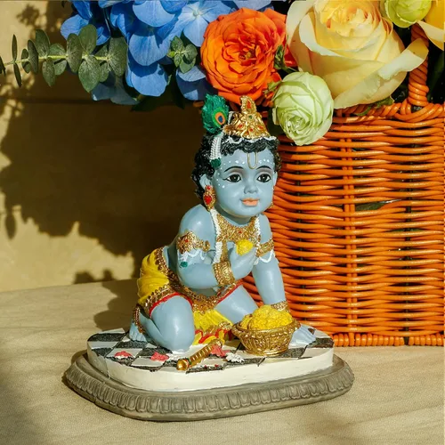 Miniatura 2 de alikiki Estatua de ídolo de bebé Krishna – 5.9 pulgadas de alto dios hindú Laddu Gopal arrodillado disfruta de Laddus India Murti Artículo