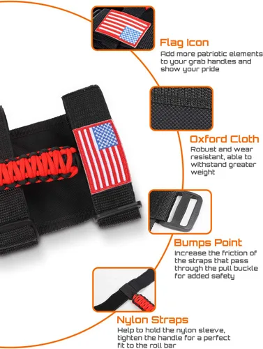Miniatura 5 de Savadicar 4 asas de agarre para barra antivuelco con bandera de Estados Unidos para Jeep Wrangler CJ LJ YJ TJ JK JL y Gladiator JT 1955-2023, Rojo