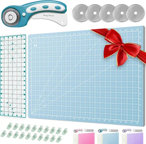Miniatura 19 de Juego de cortador giratorio - Kit de acolchado incl. Cortador de tela de 45 mm, 5 cuchillas de repuesto - Ideal para manualidades, costura, parcheo