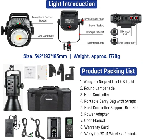 Miniatura 7 de Weeylite Ninja 400 II - Luz LED de video continua, 150 W, 2800-6800 K, montaje Bowens bicolor, iluminación continua, control de aplicación, luces