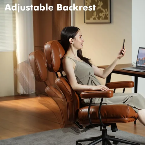 Miniatura 4 de Silla de oficina ejecutiva de respaldo alto con cómodo asiento profundo, silla de oficina moderna de piel sintética marrón, silla de escritorio