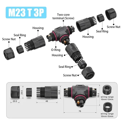Miniatura 4 de AOHUA Caja de conexiones 3 vías M23 3-Pin conector impermeable, 500V/35A, conector de cable eléctrico en forma de T IP68 para cable de Ø10-0.591 in