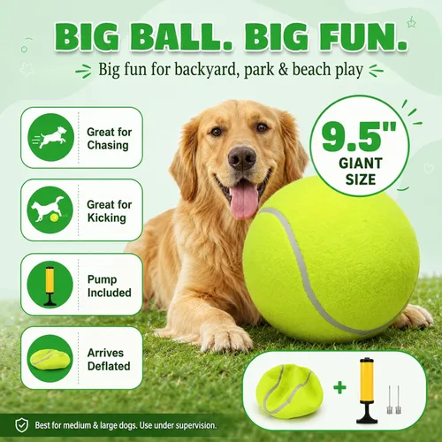 Miniatura 2 de INSUM Pelota de tenis gigante de 9.5 pulgadas, pelota de juguete grande para perros para jugar al aire libre, cumpleaños para perros grandes, ideal